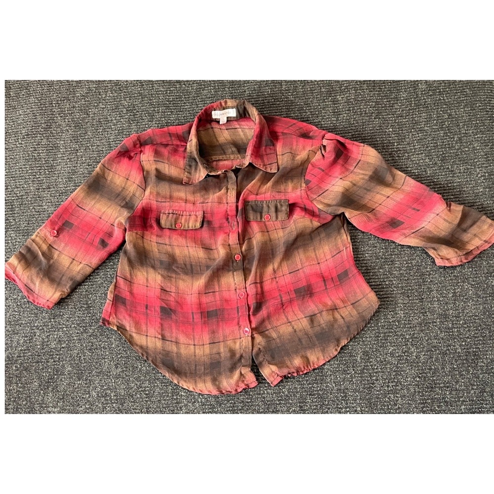 Roommates Red Brown Plaid Ombre Button Up Shirt 3/4 Sleeve Size L